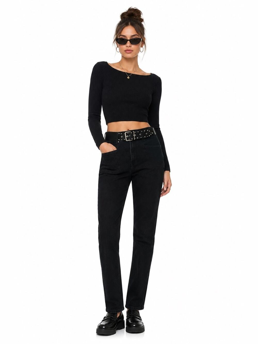 NWT GRLFRND Alivia High Rise Straight Leg Belted Ankle Jeans in Black Size 24